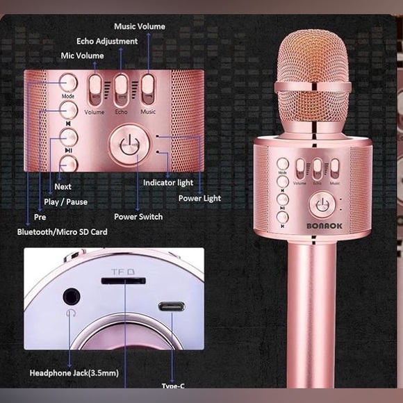 Rose Gold  BONAOK Wireless Bluetooth Karaoke Microphone 3n1 Portable Handheld NW